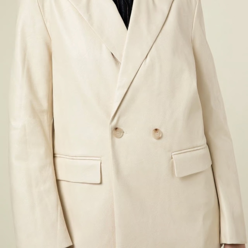 NWT FRNCH Cream Double-Breasted Faux Leather Cream Blazer